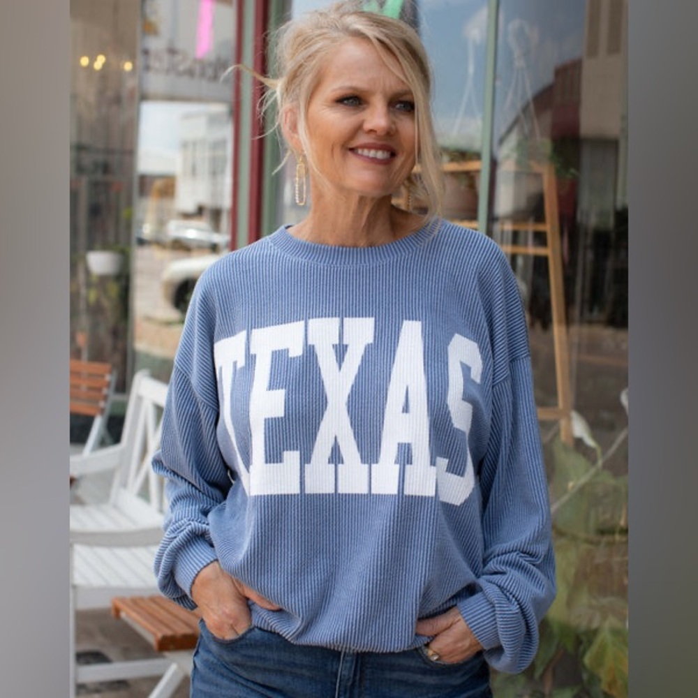 Bucketlist Texas Sweatshirt Rib Cord Comfy Graphic denim‎ blue Size L - Picture 10 of 10